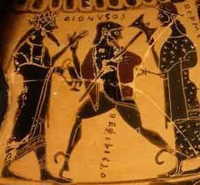 God Hephaestus between Dionysos and Hermes